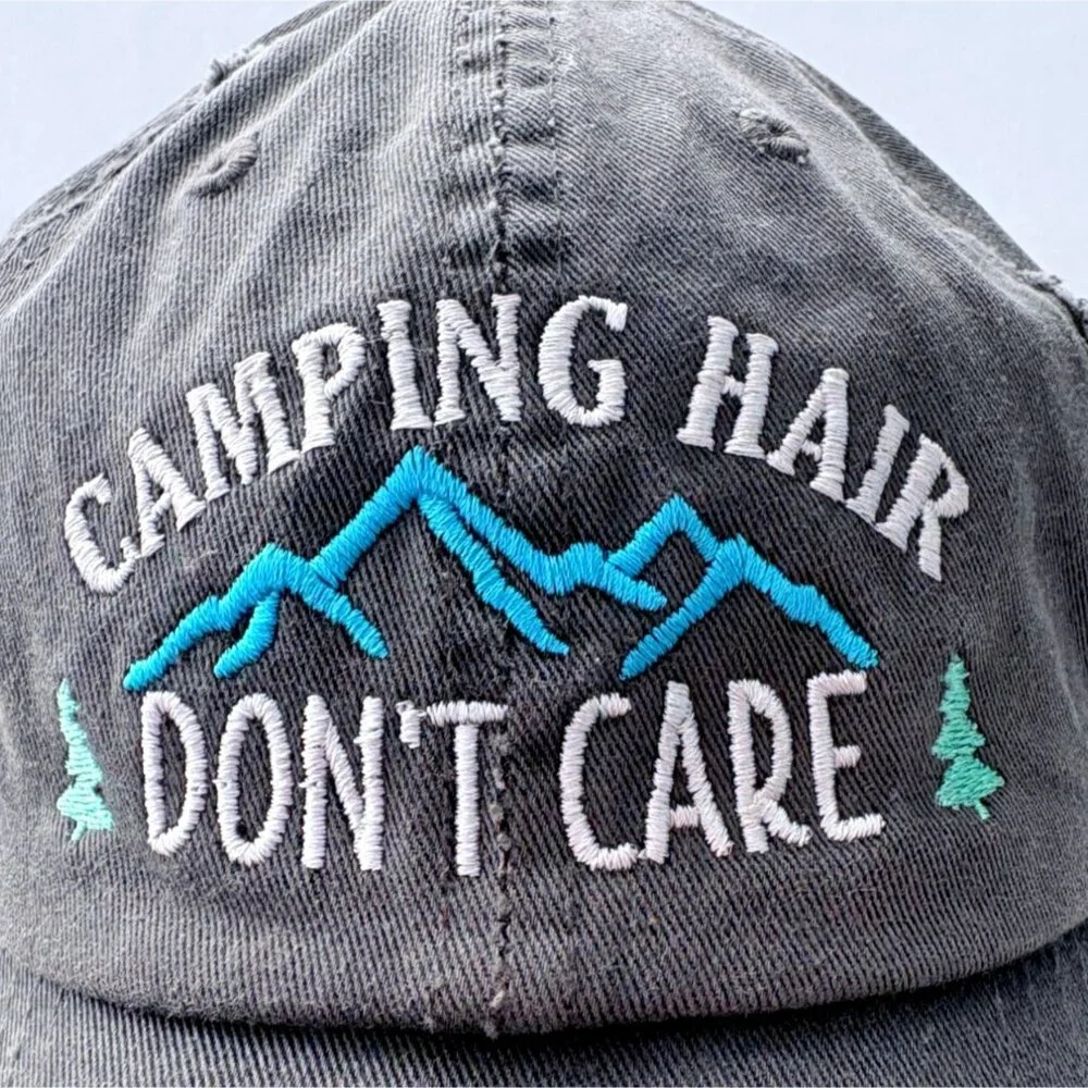 Embroidered Camping‎ Hair Don't Care Gray Distressed Strapback Baseball Cap Hat
